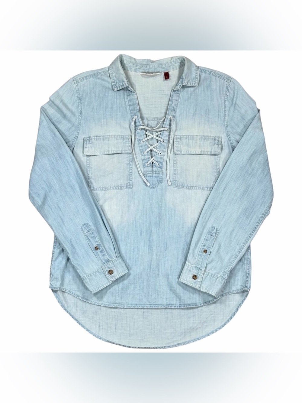 So WMS Blue Chambray Denim Cotton Lace Up Collar Long Sleeve Pullover Shirt Sz L